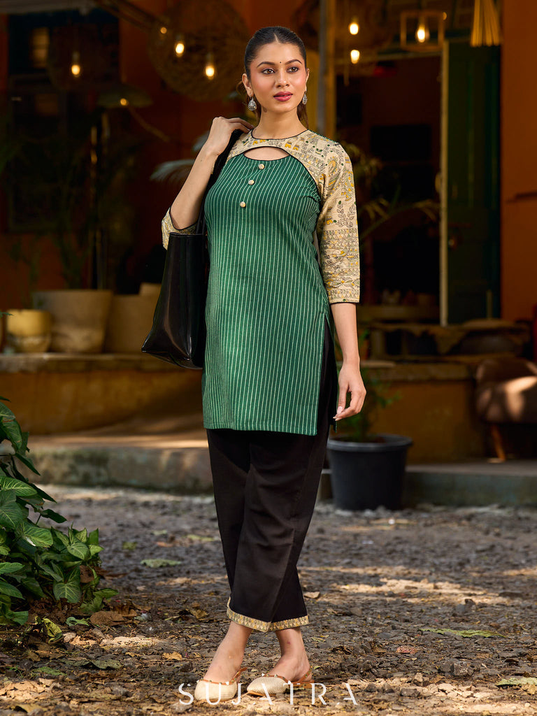 Vibrant green Ikat Madhubani short kurta featuring a stylish cut neckline
