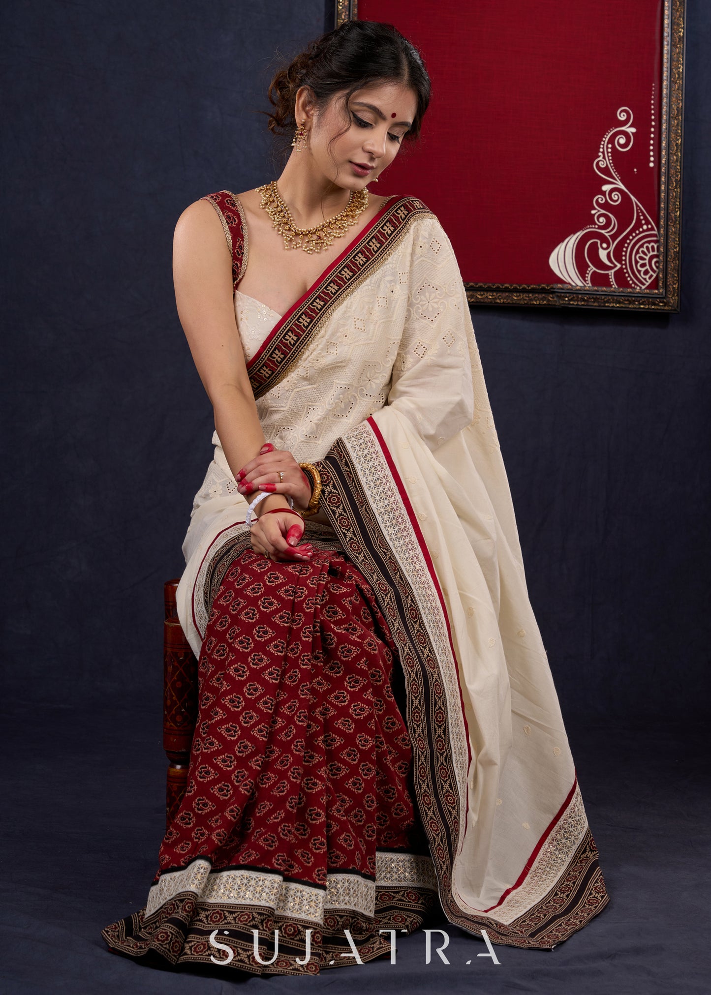 Exquisite Hakoba & Ajrakh Combination Saree with Lace Border