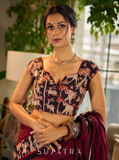 Classic Maroon-Black Dual-Tone Cotton Saree with Kalamkari Border & Pallu