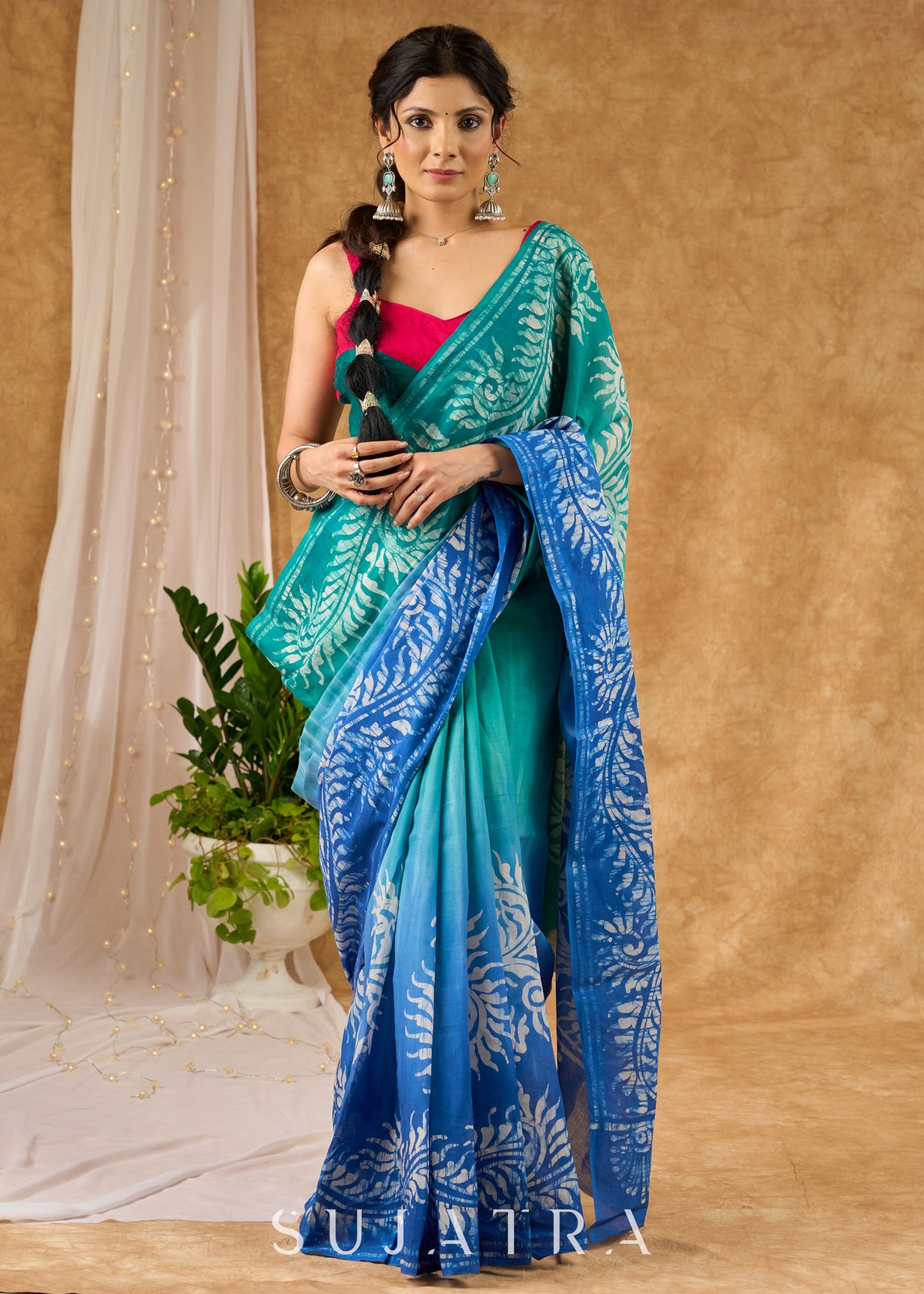 Unique Blue Ombre-Effect Designer Cotton Saree Featuring Authentic Hand-Done Batik Work