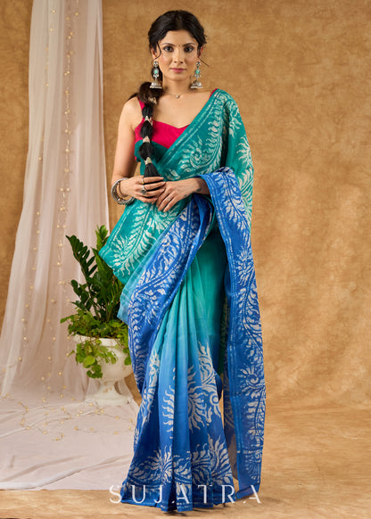 Unique Blue Ombre-Effect Designer Cotton Saree Featuring Authentic Hand-Done Batik Work