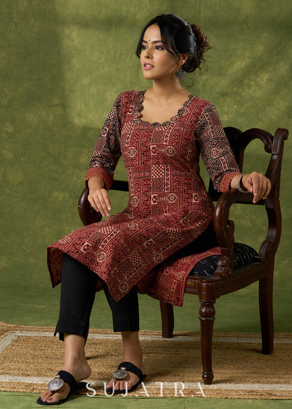 Maroon Scallop Neck Cotton Ajrak Kurta - Pant Optional