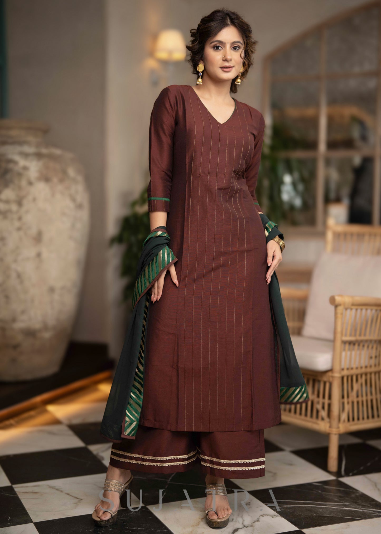 Stylish Brown Cotton Silk Kurta With Pin tucks In Front & Emerald Green Detailing