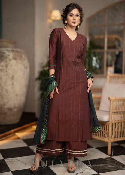 Stylish Brown Cotton Silk Kurta With Pin tucks In Front & Emerald Green Detailing