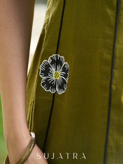 Olive Green Sleeveless Cotton Panel Dress with Delicate Hand-Painted Flowers