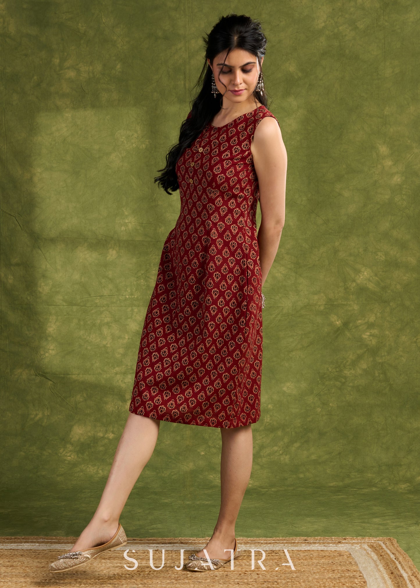 Rust Ajrakh Block Print Cotton Dress. Earthy Rust Tones With Intricate Block Prints