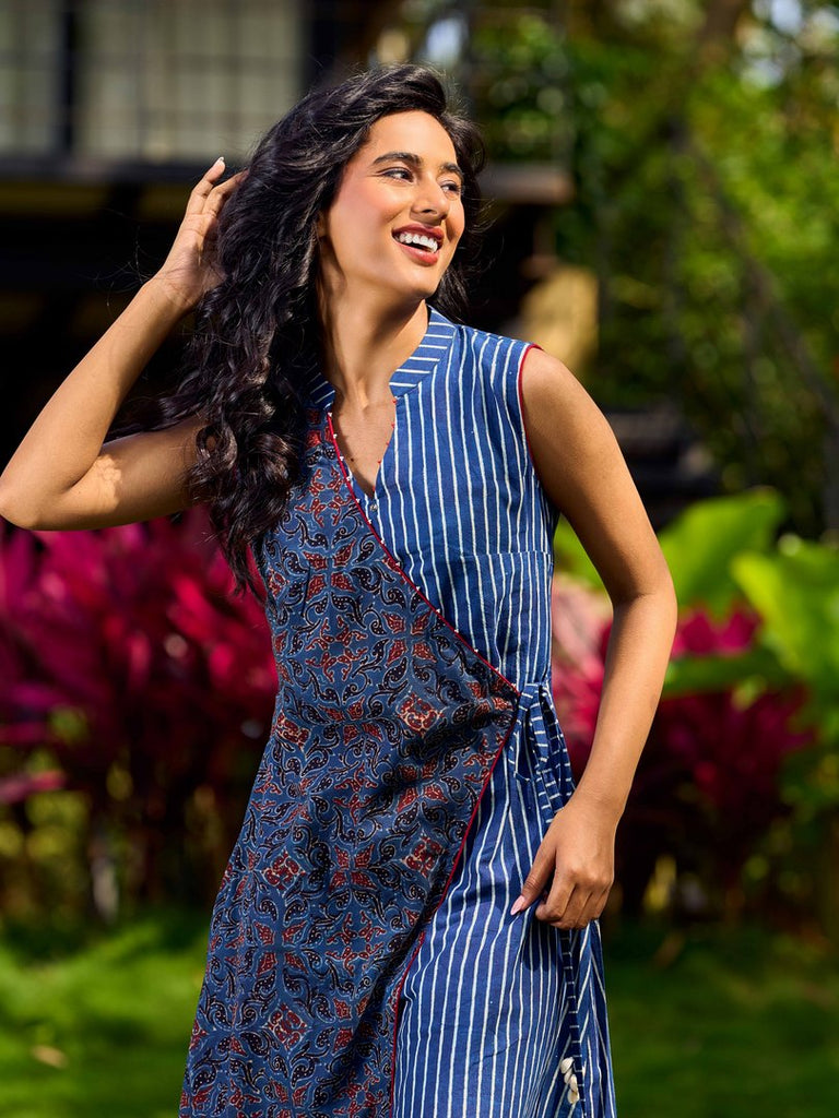 Elegant Ajrakh and Striped Indigo Cotton Wrap Dress with Tie-Up Accents