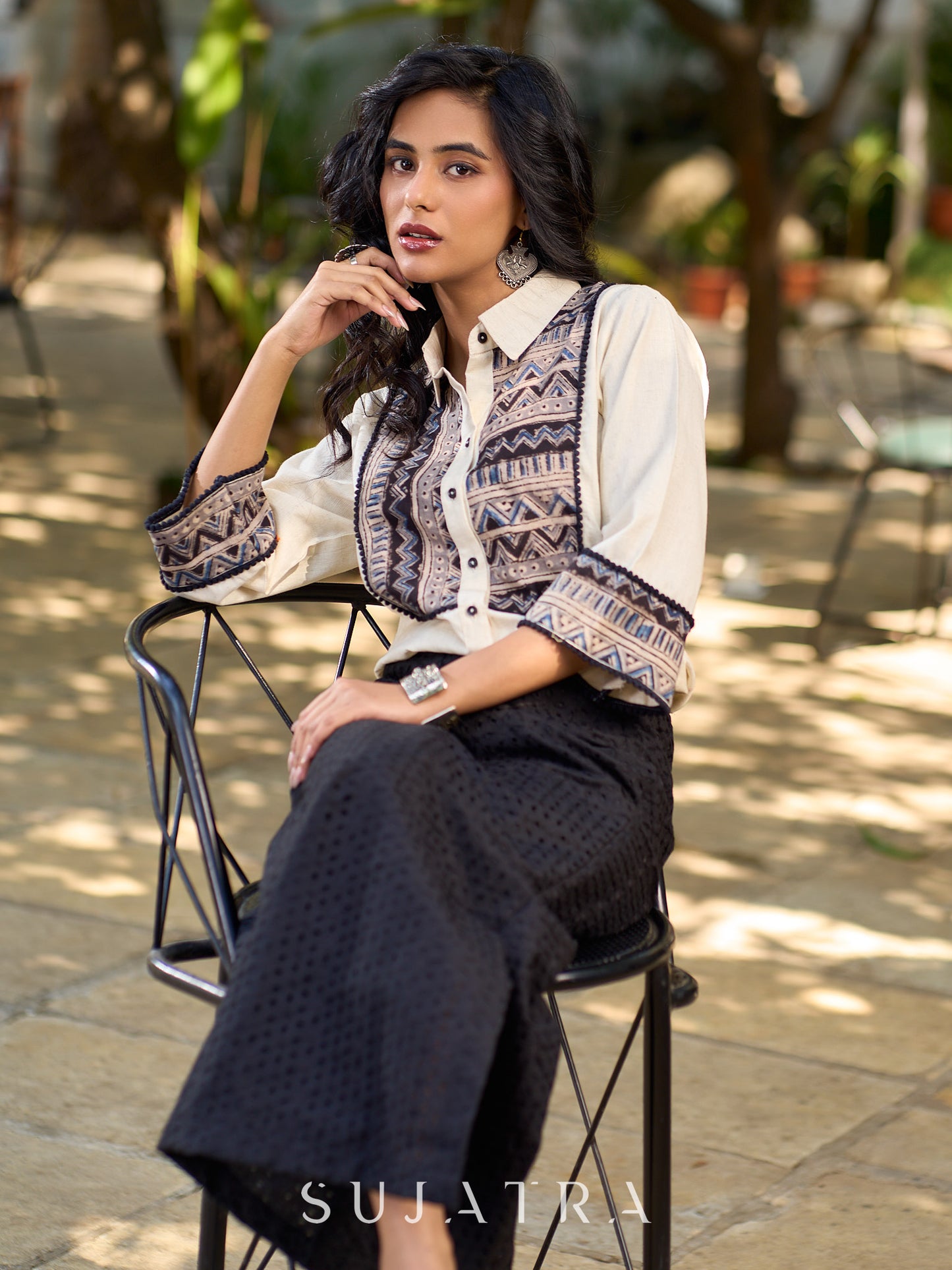 Ivory Heritage Cotton Flex Shirt with Traditional Geometric Kalamkari Prints