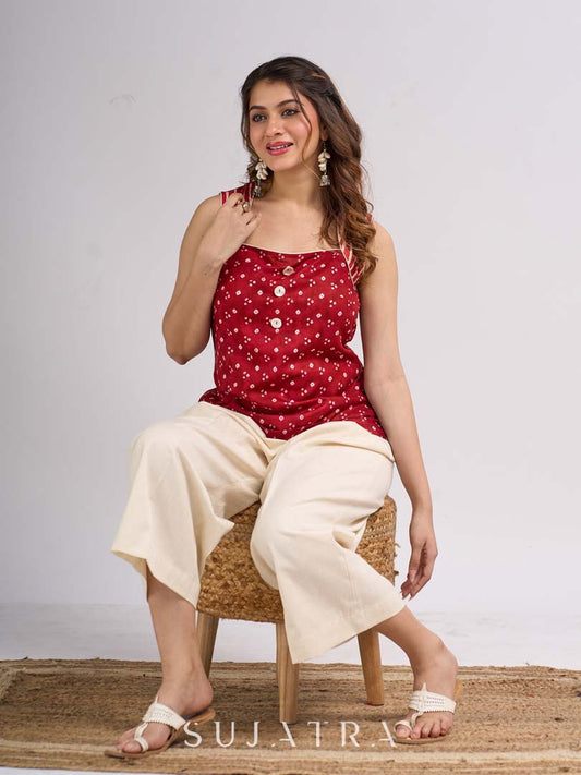 Red Cotton Indo Western Top with Bandhani Print and Button Detail