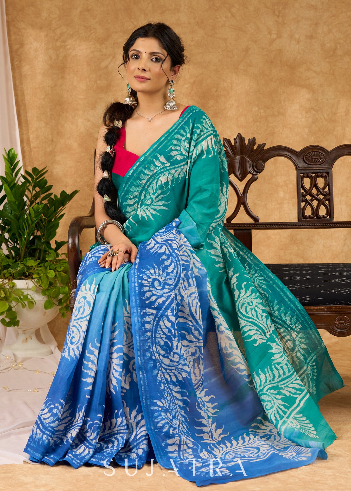 Unique Blue Ombre-Effect Designer Cotton Saree Featuring Authentic Hand-Done Batik Work