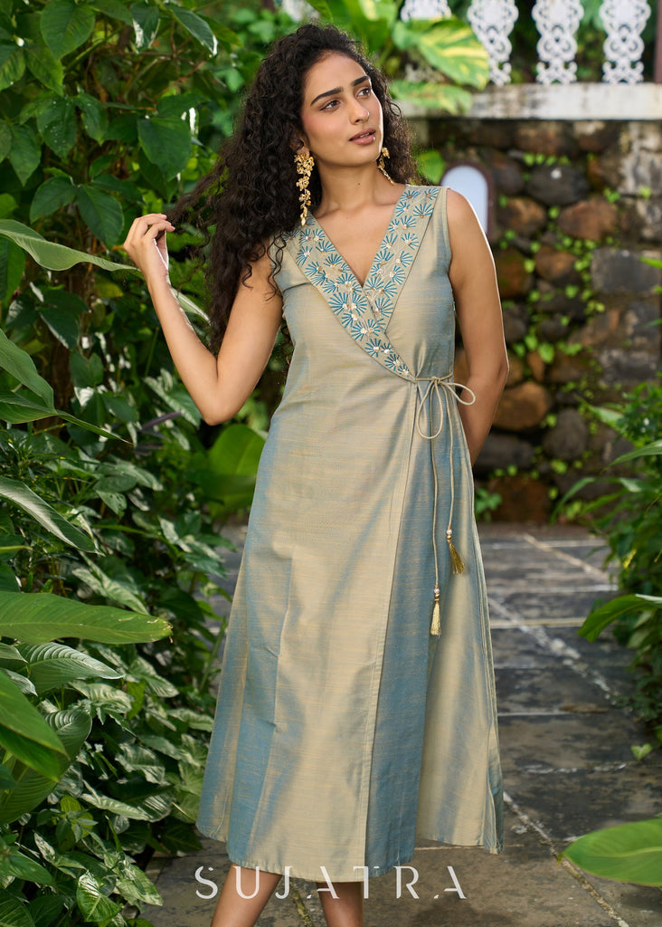 Elegant olivegold cotton silk overlap sleeveless dress highlighted with minimal embroidery in the collar