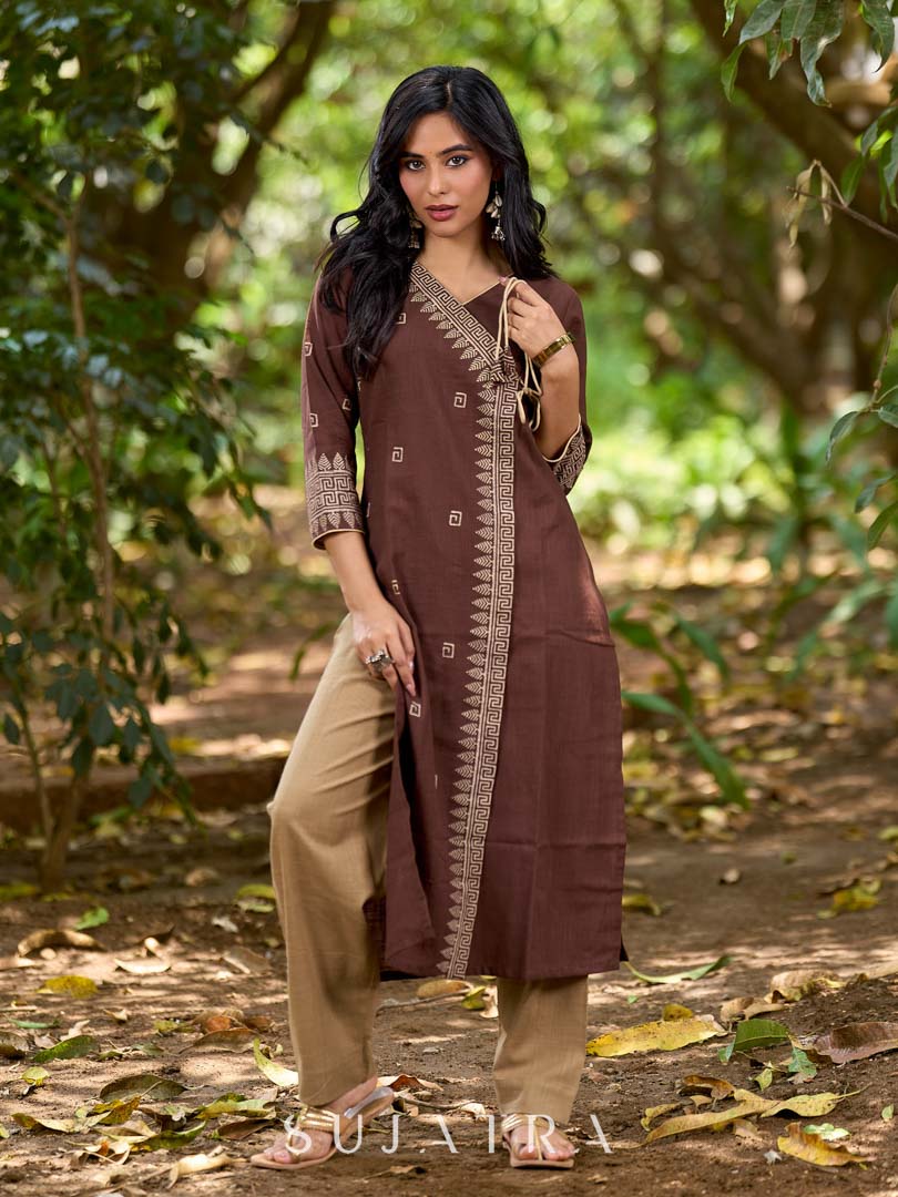 Modern Brown Cotton Overlapping Kurta with Statement Border Hand Block Design