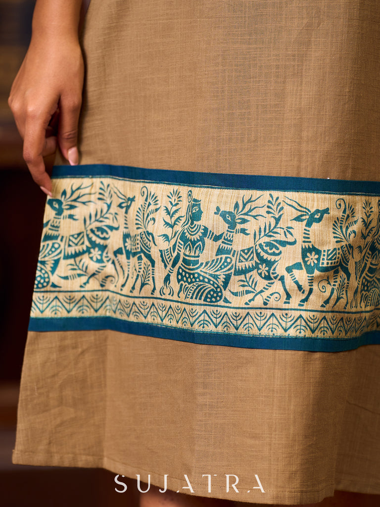 Elegant Beige Cotton A-Line Dress Adorned with Madhubani Border Detailing on Hem and Cuffs