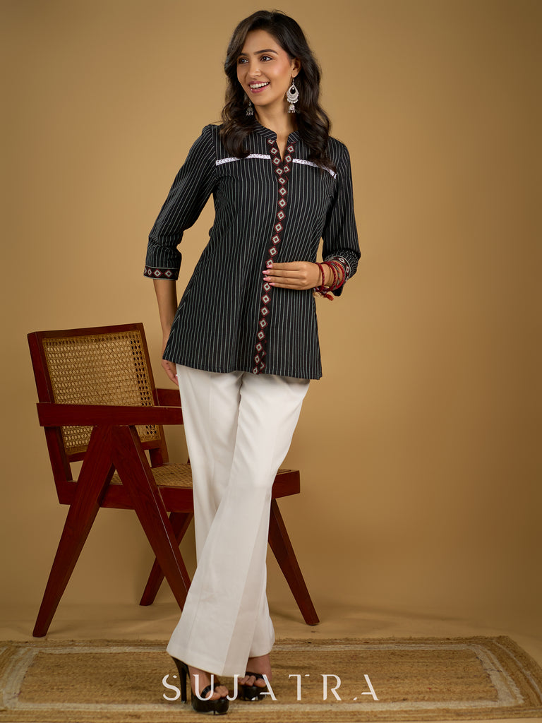Classy black cotton ikat top with stylish lace details