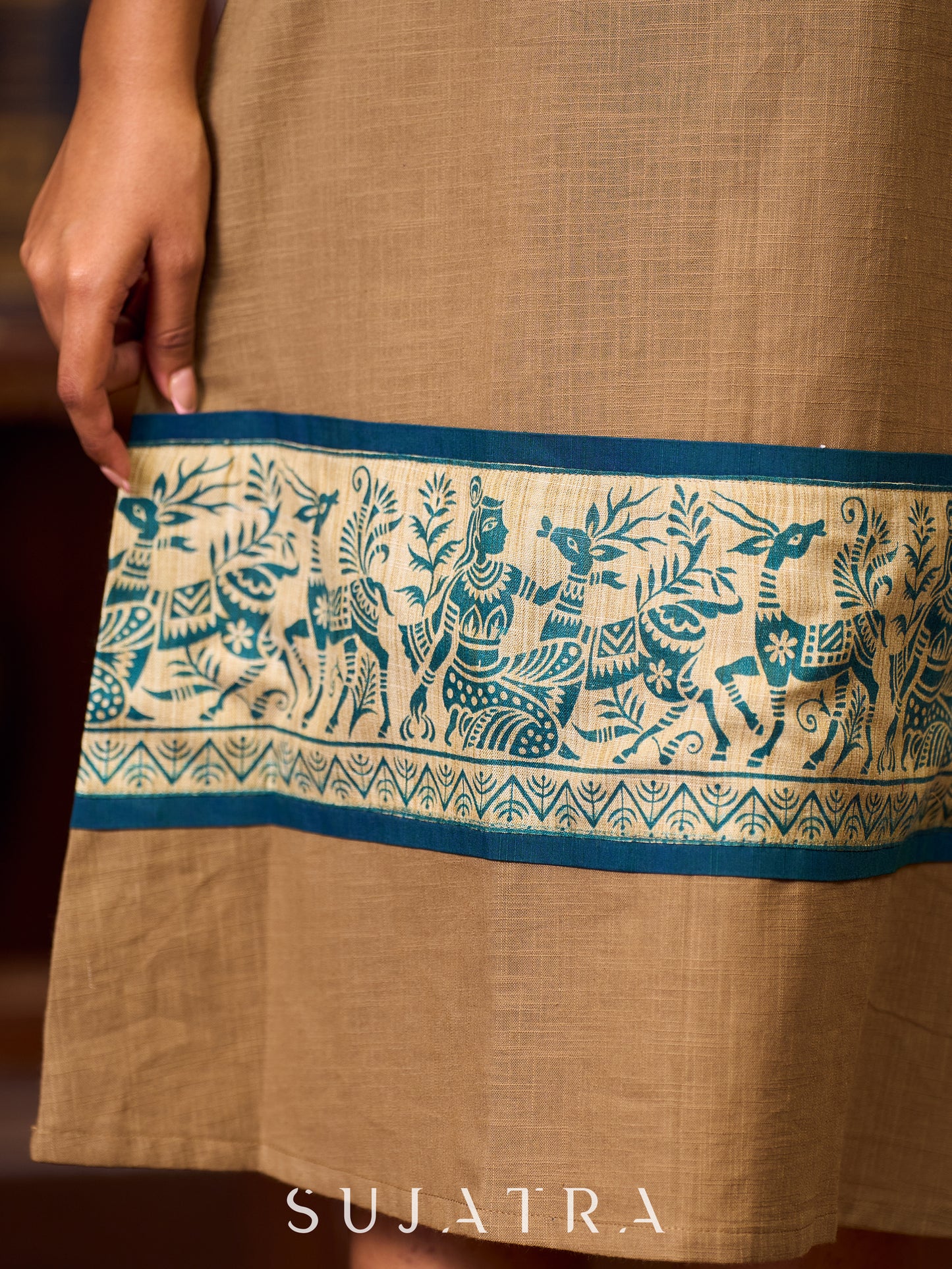 Elegant Earthy Brown Cotton A-line Dress with Exquisite Madhubani Border Highlights - Jacket Optional
