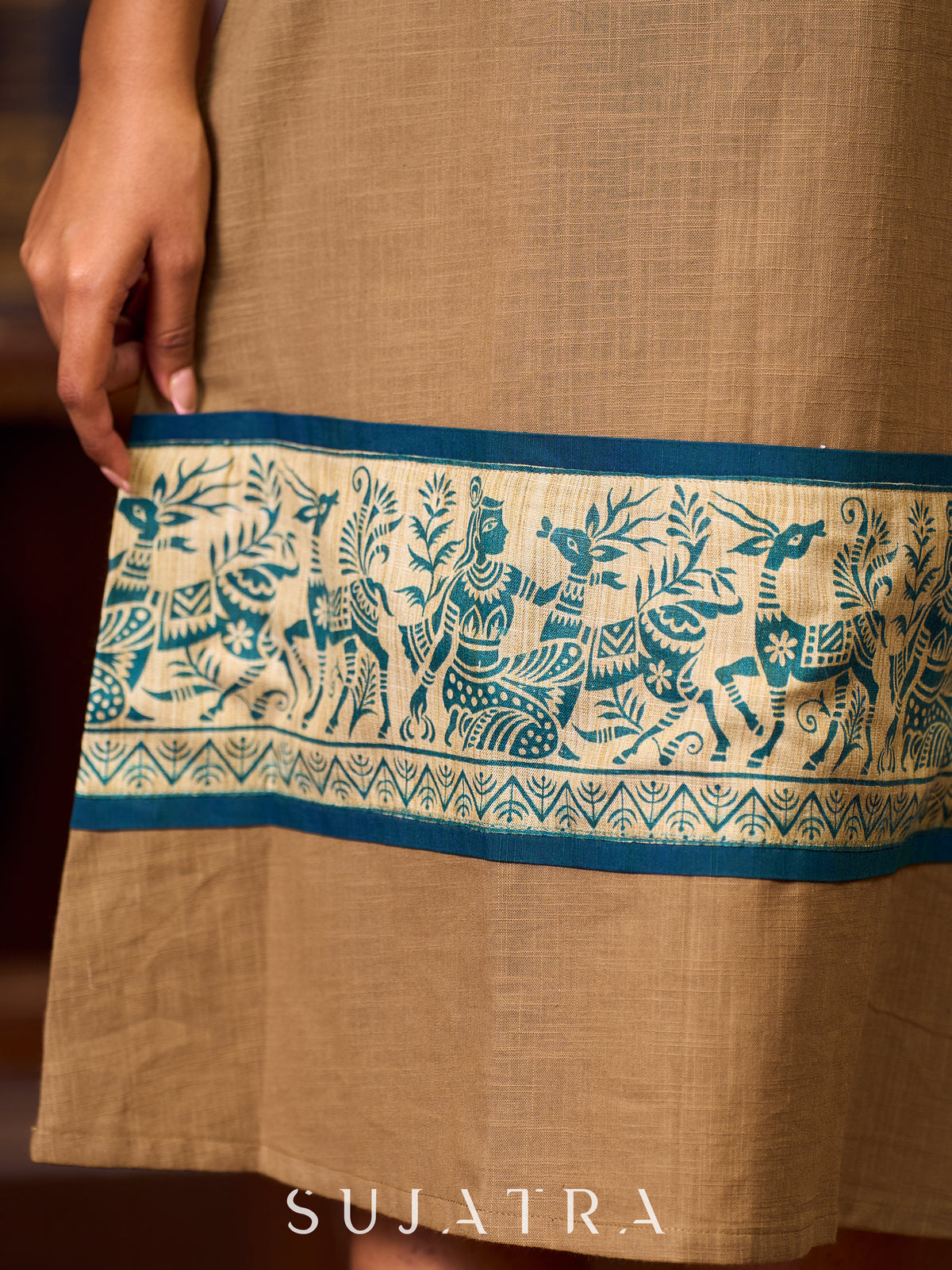 Elegant Earthy Brown Cotton A-line Dress with Exquisite Madhubani Border Highlights - Jacket Optional