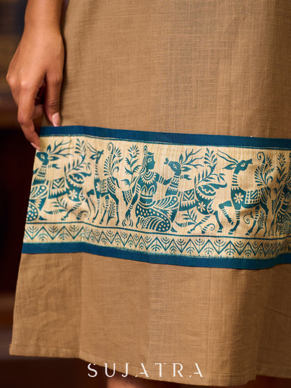 Elegant Earthy Brown Cotton A-line Dress with Exquisite Madhubani Border Highlights - Jacket Optional