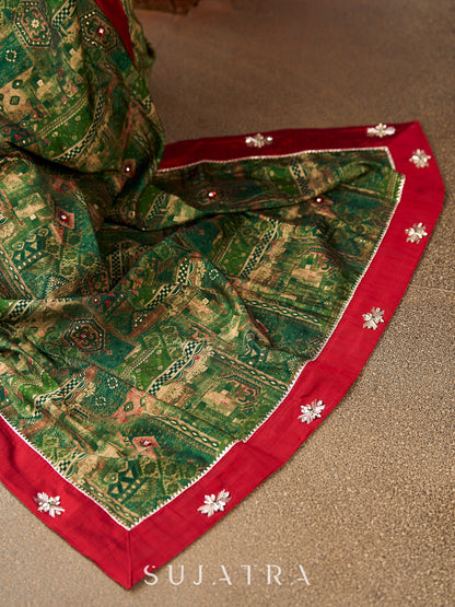 Sophisticated Dark Green Viscose Printed Saree with Diamond-Studded Border & Pallu