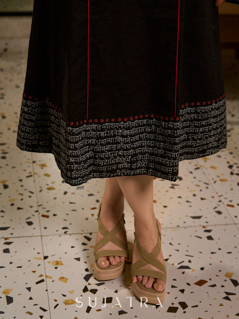 Classic Black A-Line Cotton Dress with Princess Lines, Kantha Detailing & Hand Block Printed Border on Hem