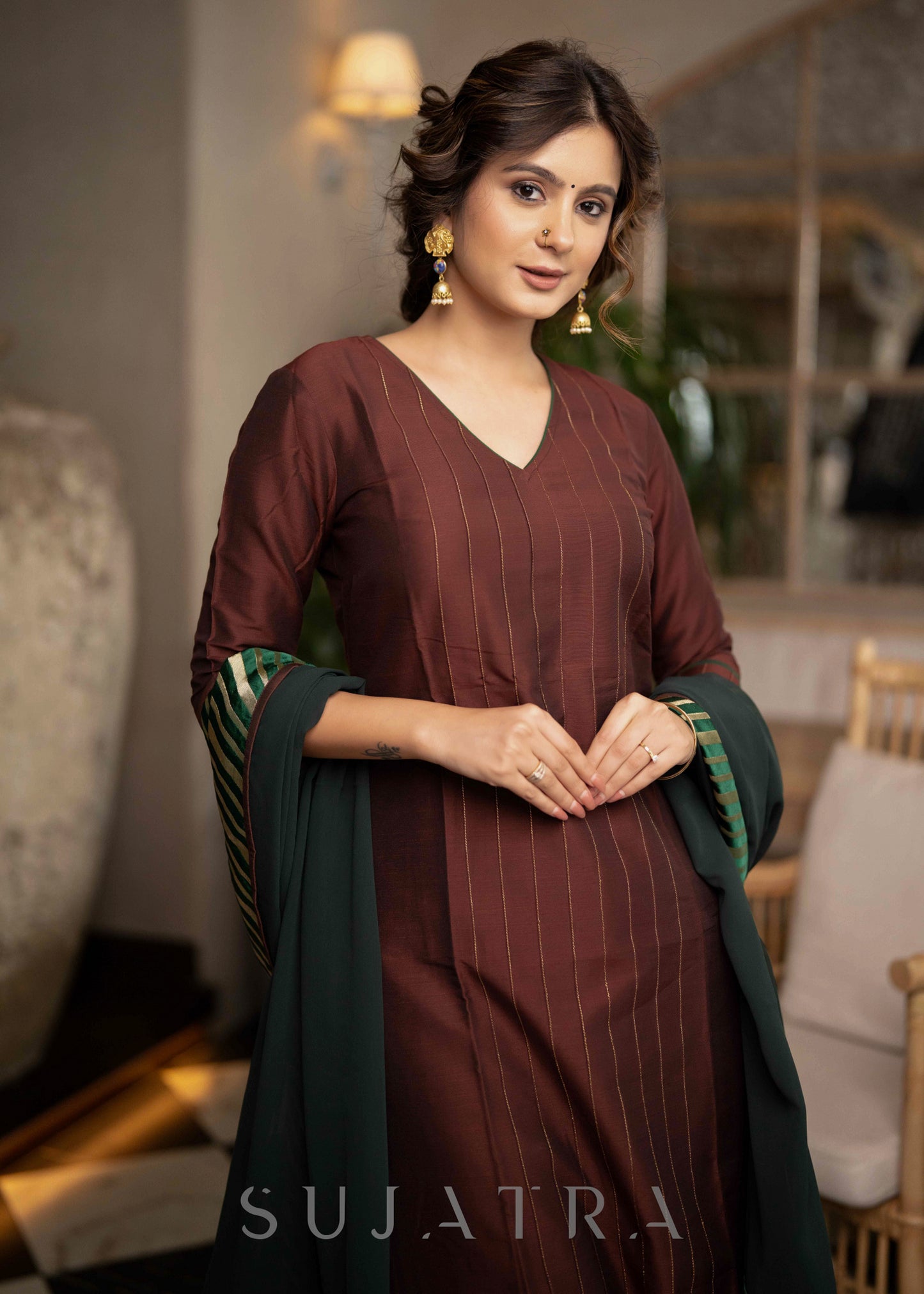 Stylish Brown Cotton Silk Kurta With Pin tucks In Front & Emerald Green Detailing
