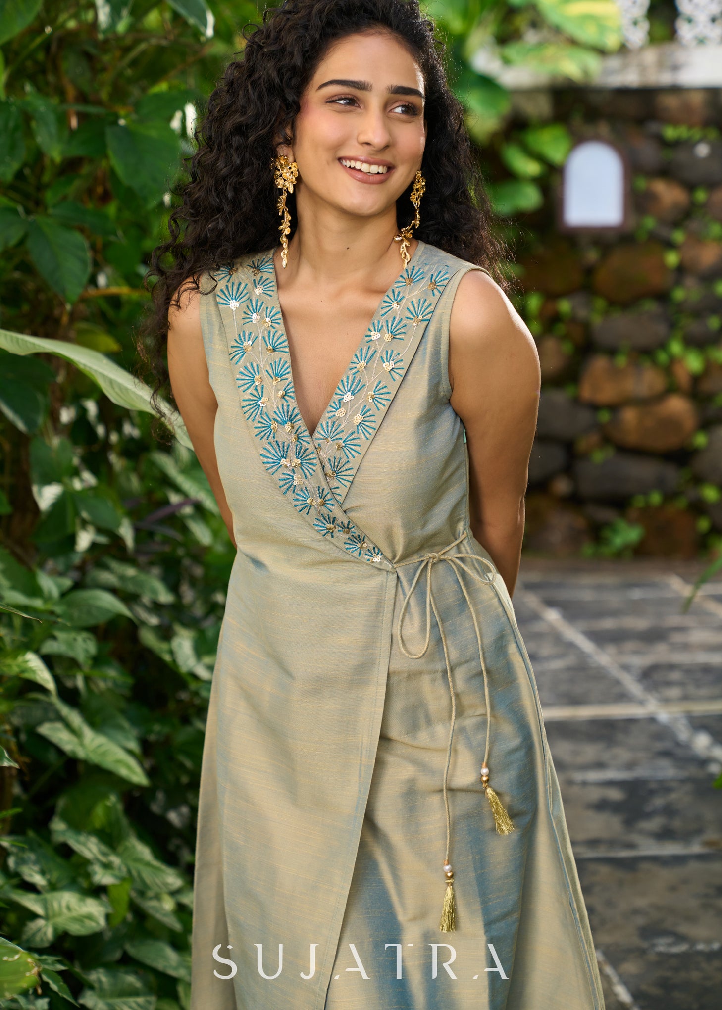 Elegant olivegold cotton silk overlap sleeveless dress highlighted wit – Sujatra