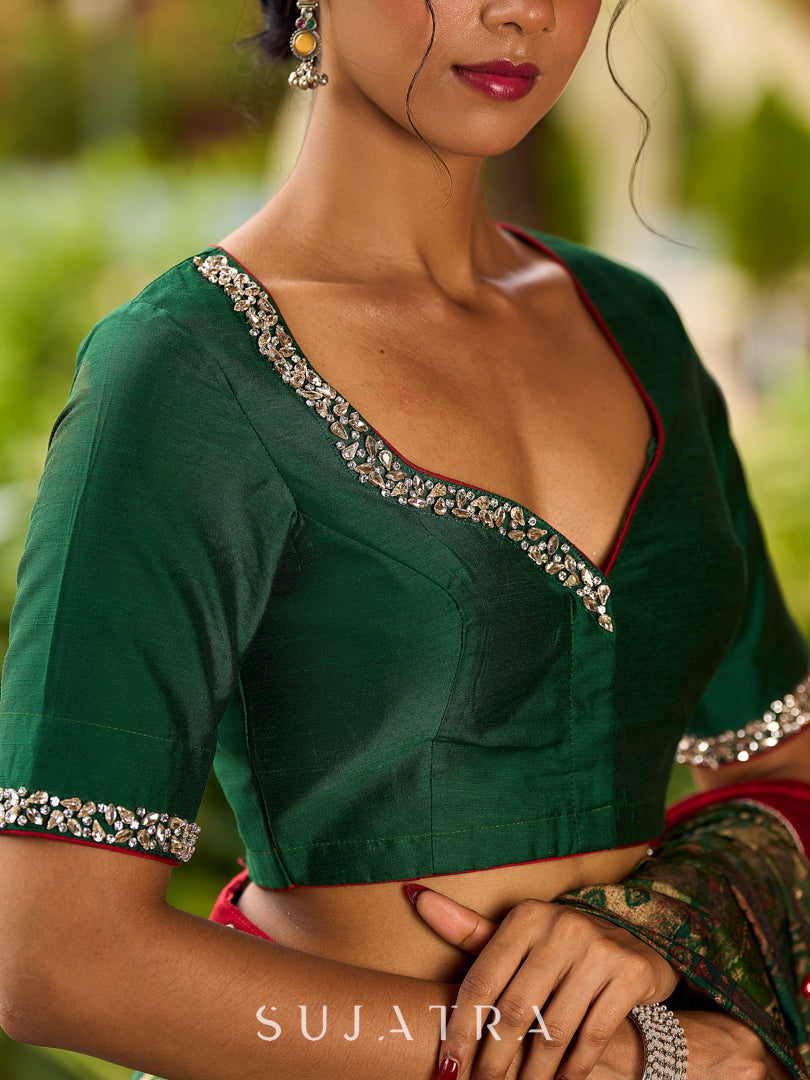 Sophisticated Dark Green Viscose Printed Saree with Diamond-Studded Border & Pallu