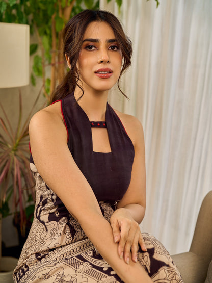 Black Heritage-inspired Kalamkari halter dress with elegant maroon contrast detailing.