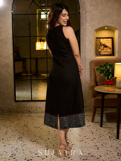 Classic Black A-Line Cotton Dress with Princess Lines, Kantha Detailing & Hand Block Printed Border on Hem