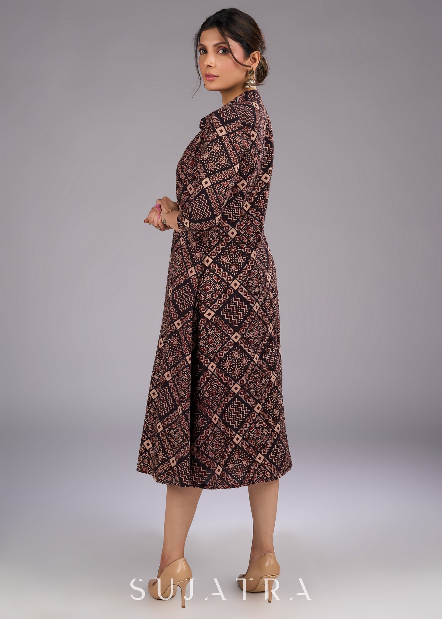 Mystic Charcoal Long Ajrakh Print Jacket - Dress optional