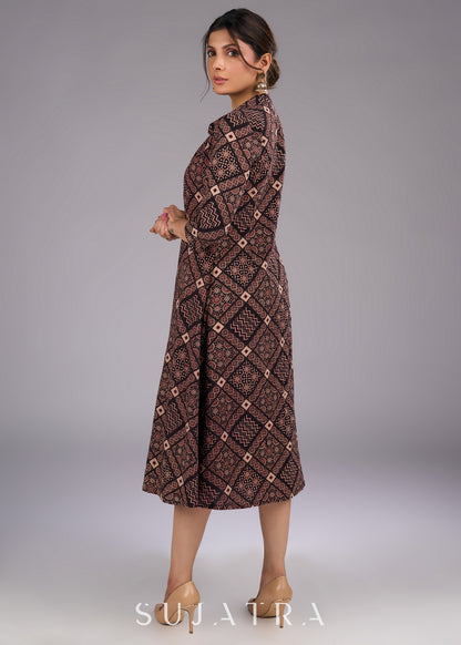 Mystic Charcoal Long Ajrakh Print Jacket - Dress optional