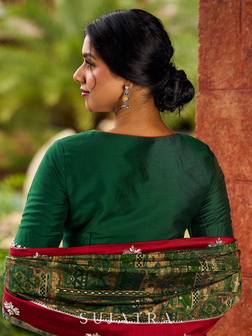 Sophisticated Dark Green Cotton Silk Blouse with Diamond Studded Neckline & Sleeves