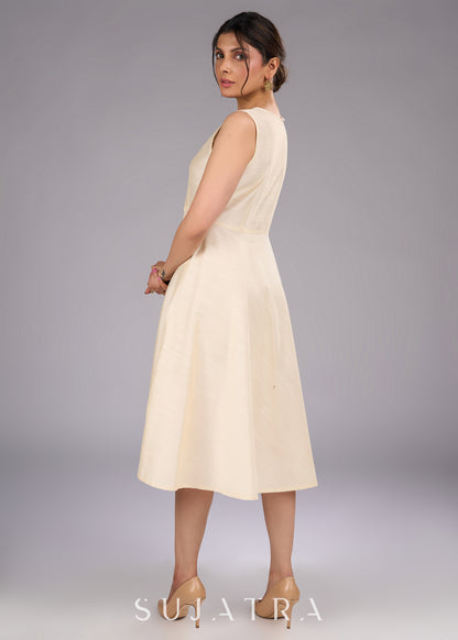 Elegant Cream Cotton Silk Sleeveless Dress - Embroidered Shrug optional