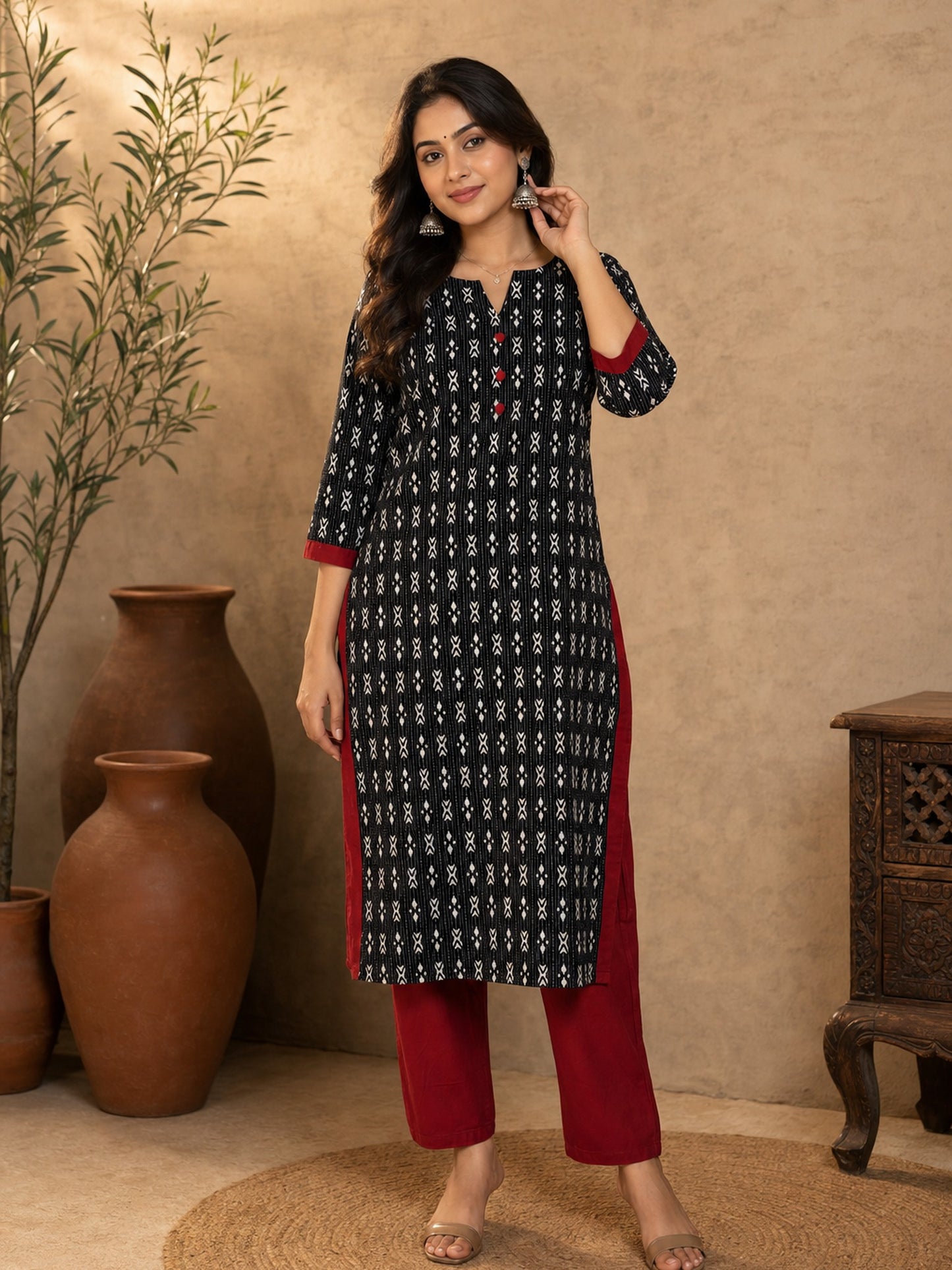 Bold Black Kantha Printed Cotton Kurta with Maroon Accents