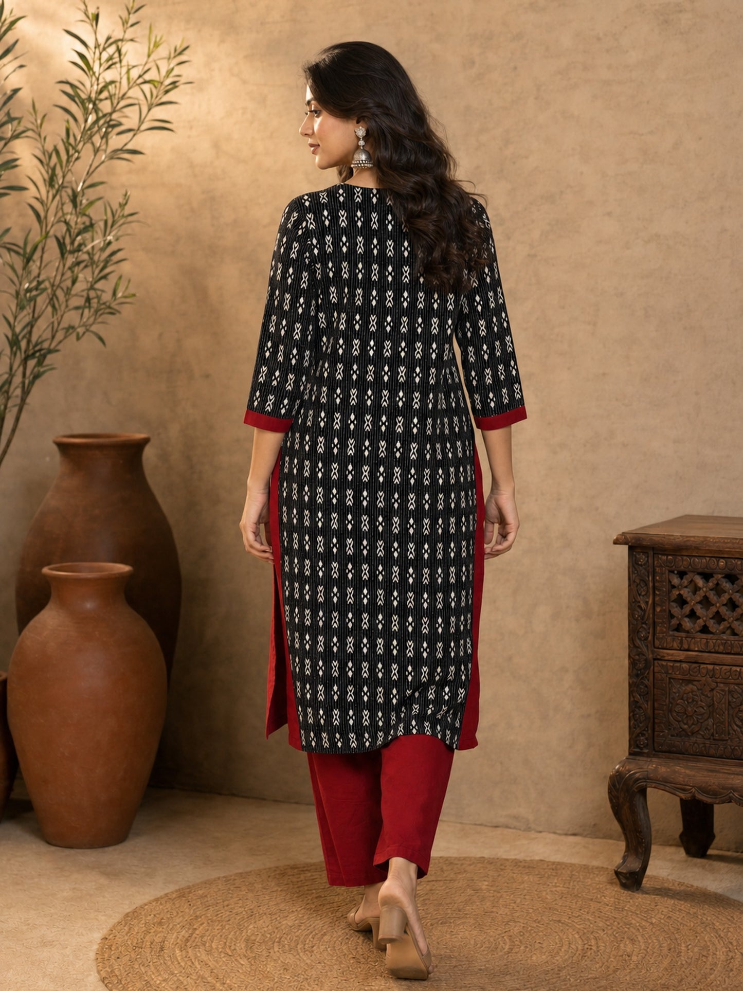 Bold Black Kantha Printed Cotton Kurta with Maroon Accents