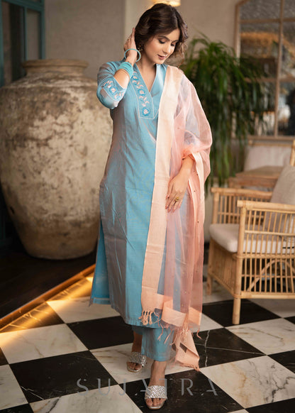 Beautiful Firozi Blue Chanderi Kurta With Glass Beadwork On Neckline & Sleeves