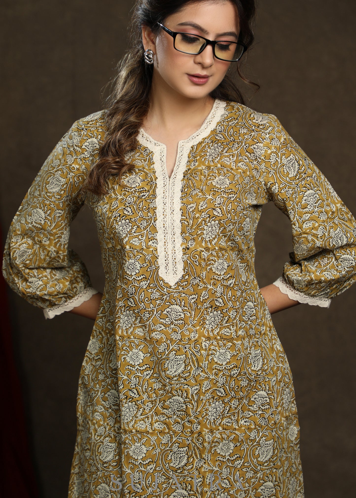 Casual mustard cotton printed tunic highlighted with beautiful lace