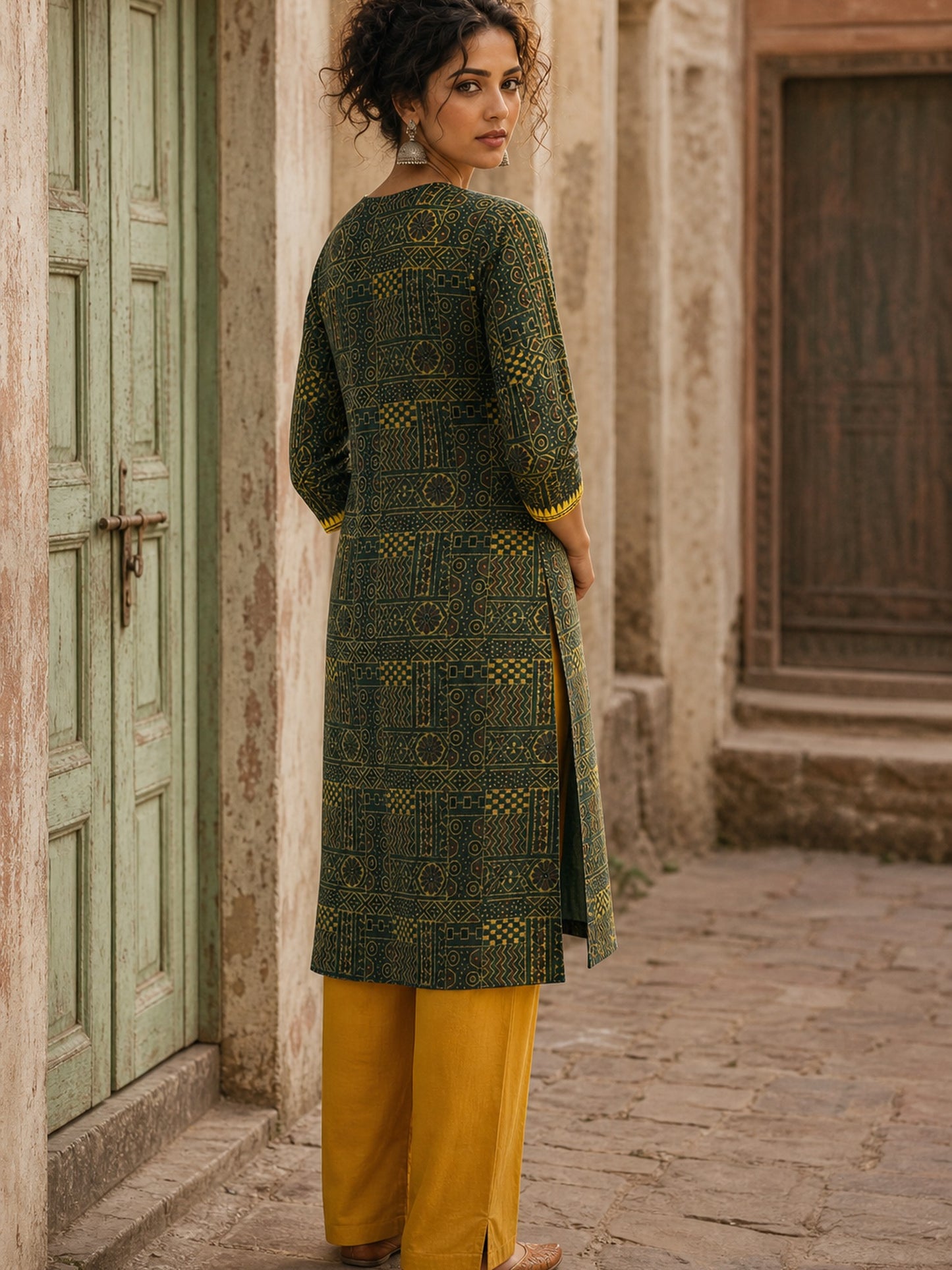 Timeless Bottle Green Ajrakh Print Kurta with Yellow Floral Embroidery