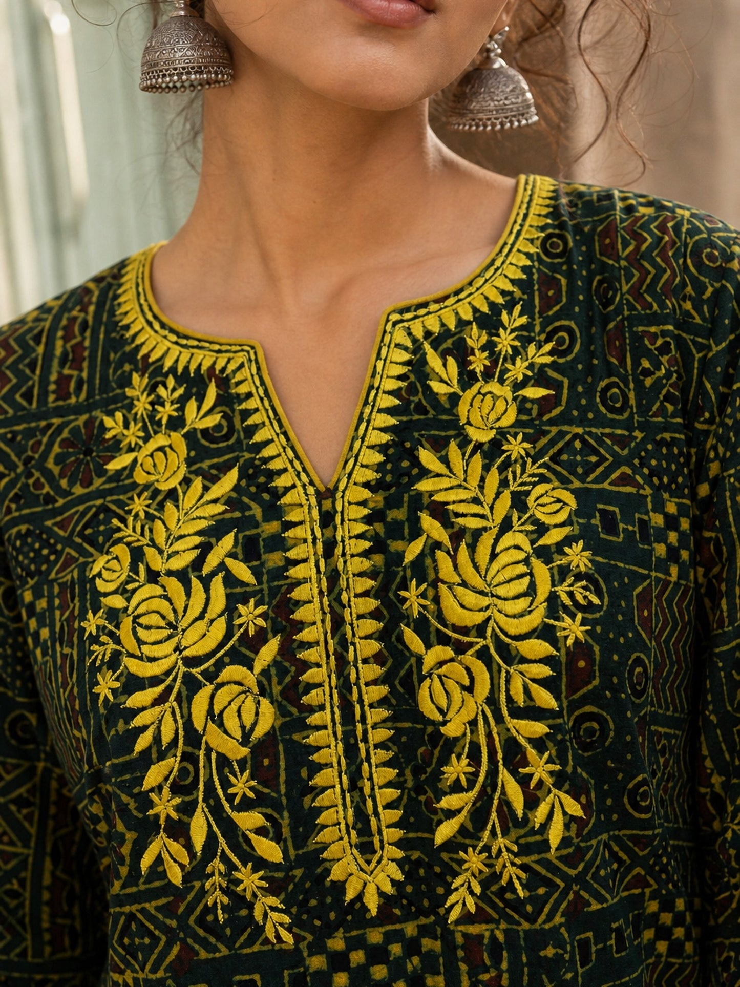 Timeless Bottle Green Ajrakh Print Kurta with Yellow Floral Embroidery