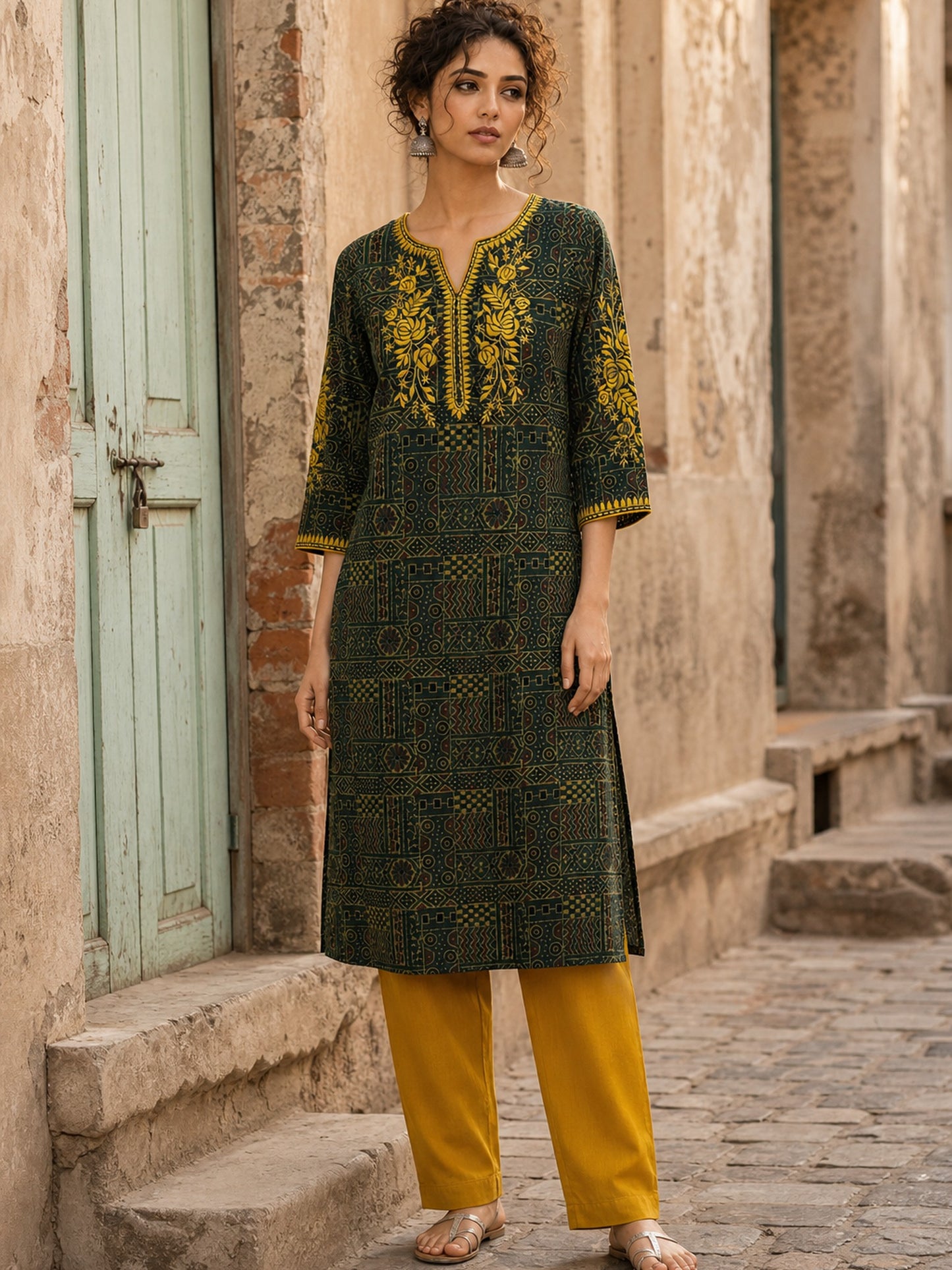 Timeless Bottle Green Ajrakh Print Kurta with Yellow Floral Embroidery