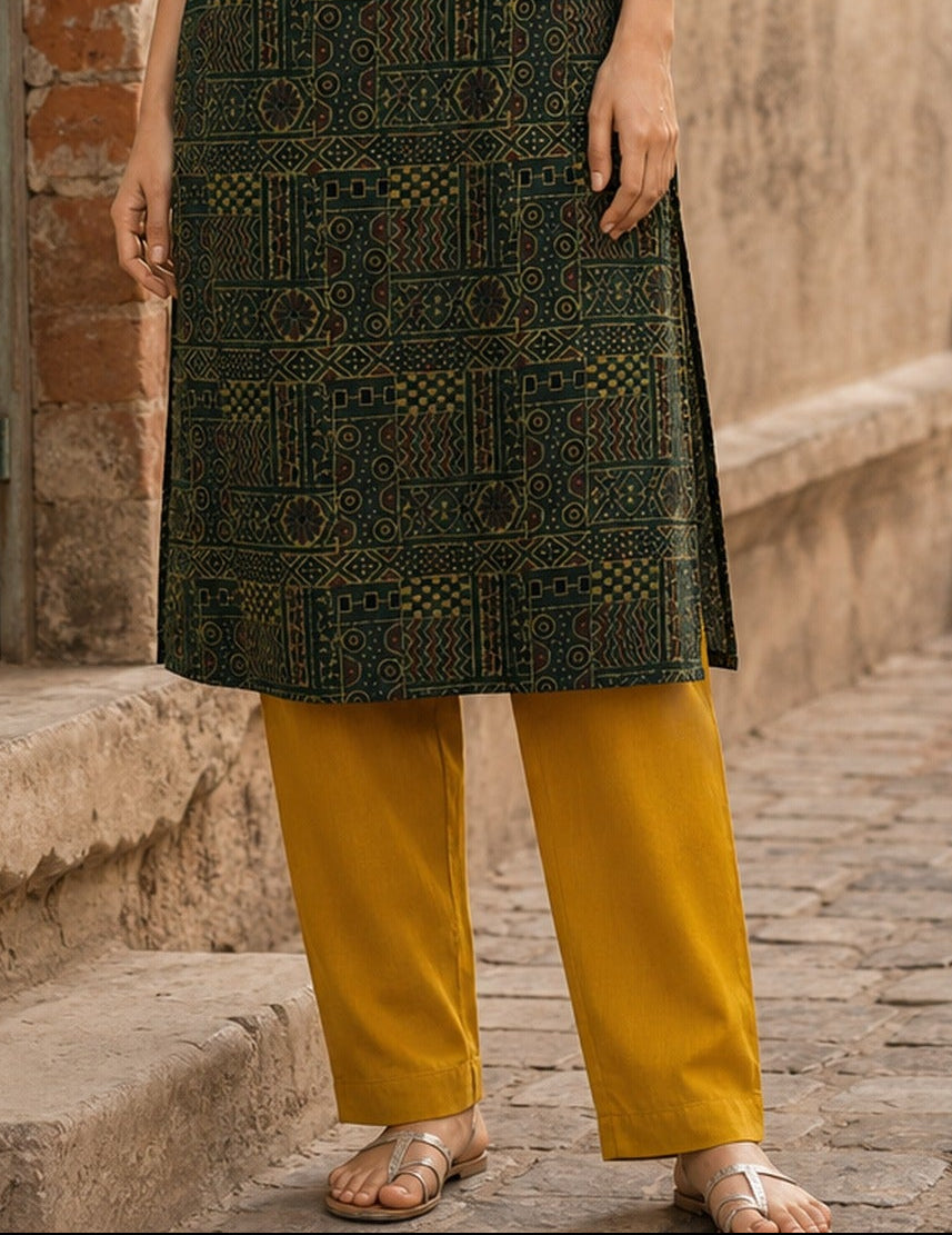 Simple Solid Mustard Cotton Straight Pant
