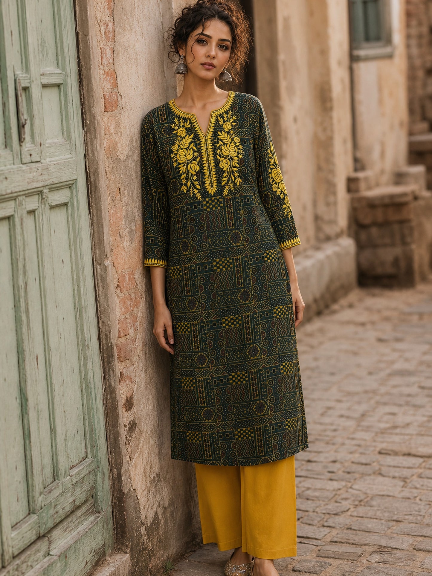 Timeless Bottle Green Ajrakh Print Kurta with Yellow Floral Embroidery