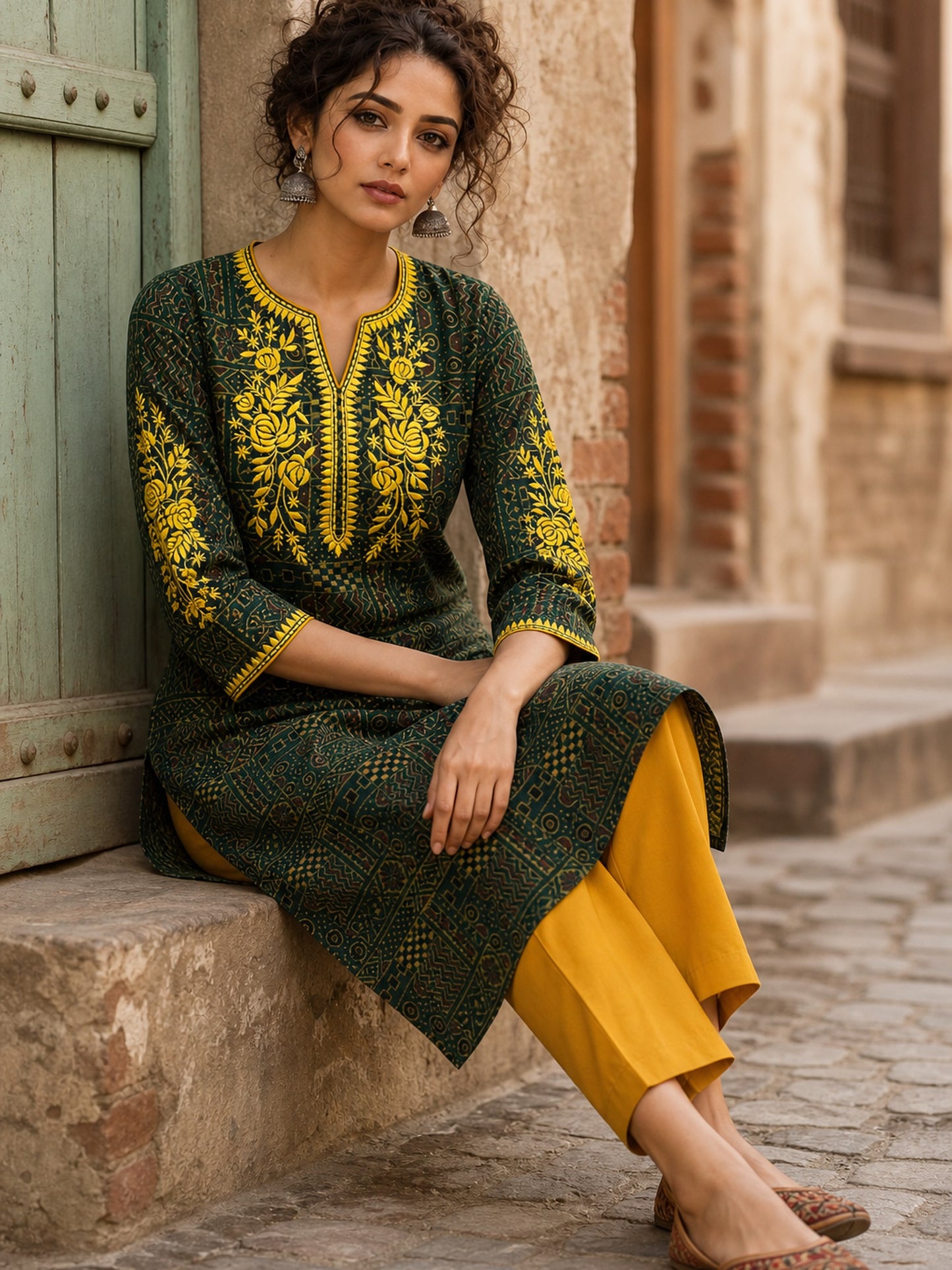 Timeless Bottle Green Ajrakh Print Kurta with Yellow Floral Embroidery
