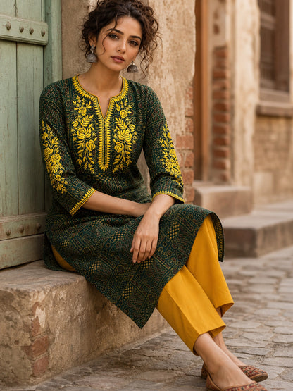 Timeless Bottle Green Ajrakh Print Kurta with Yellow Floral Embroidery