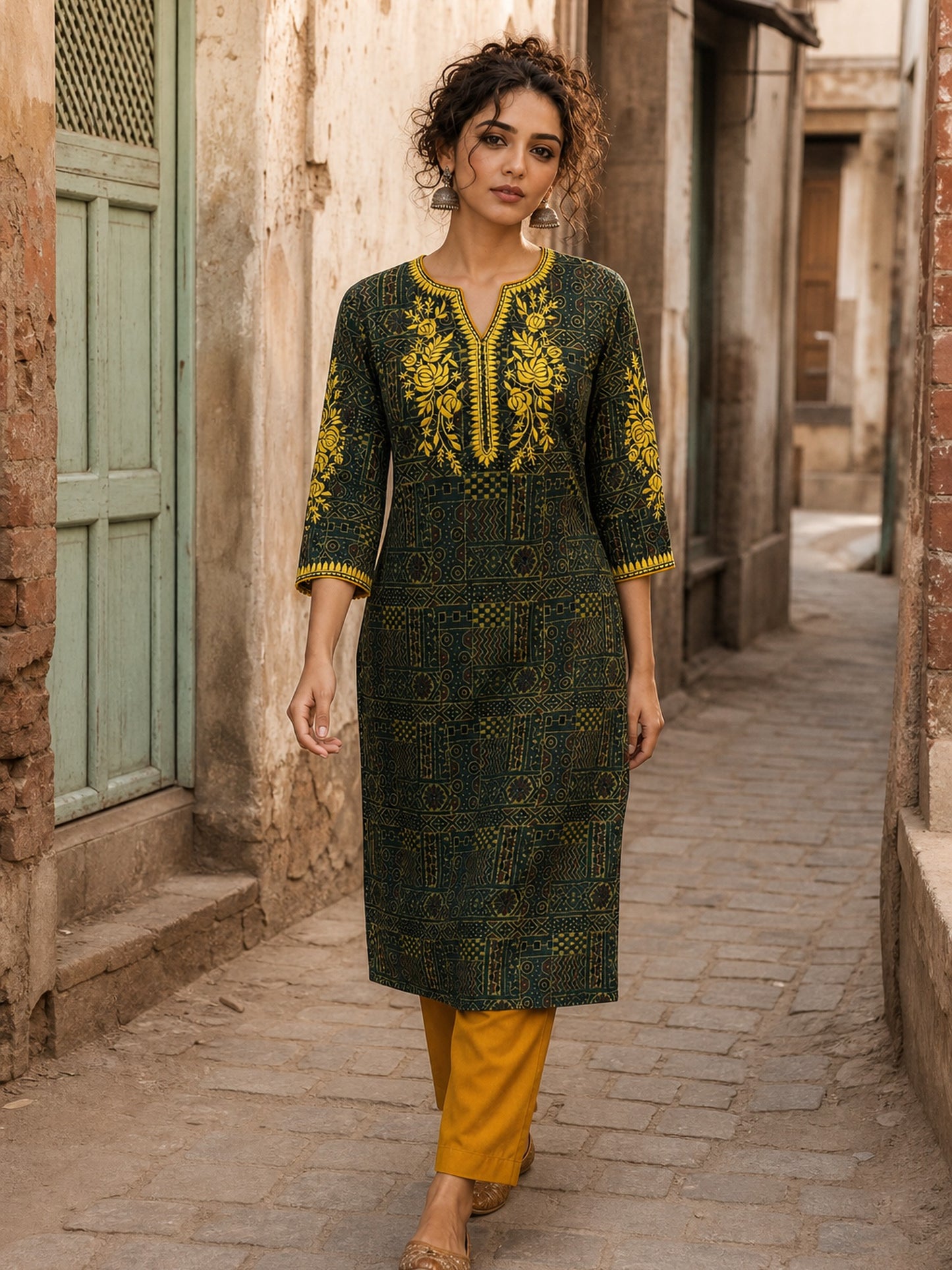 Timeless Bottle Green Ajrakh Print Kurta with Yellow Floral Embroidery