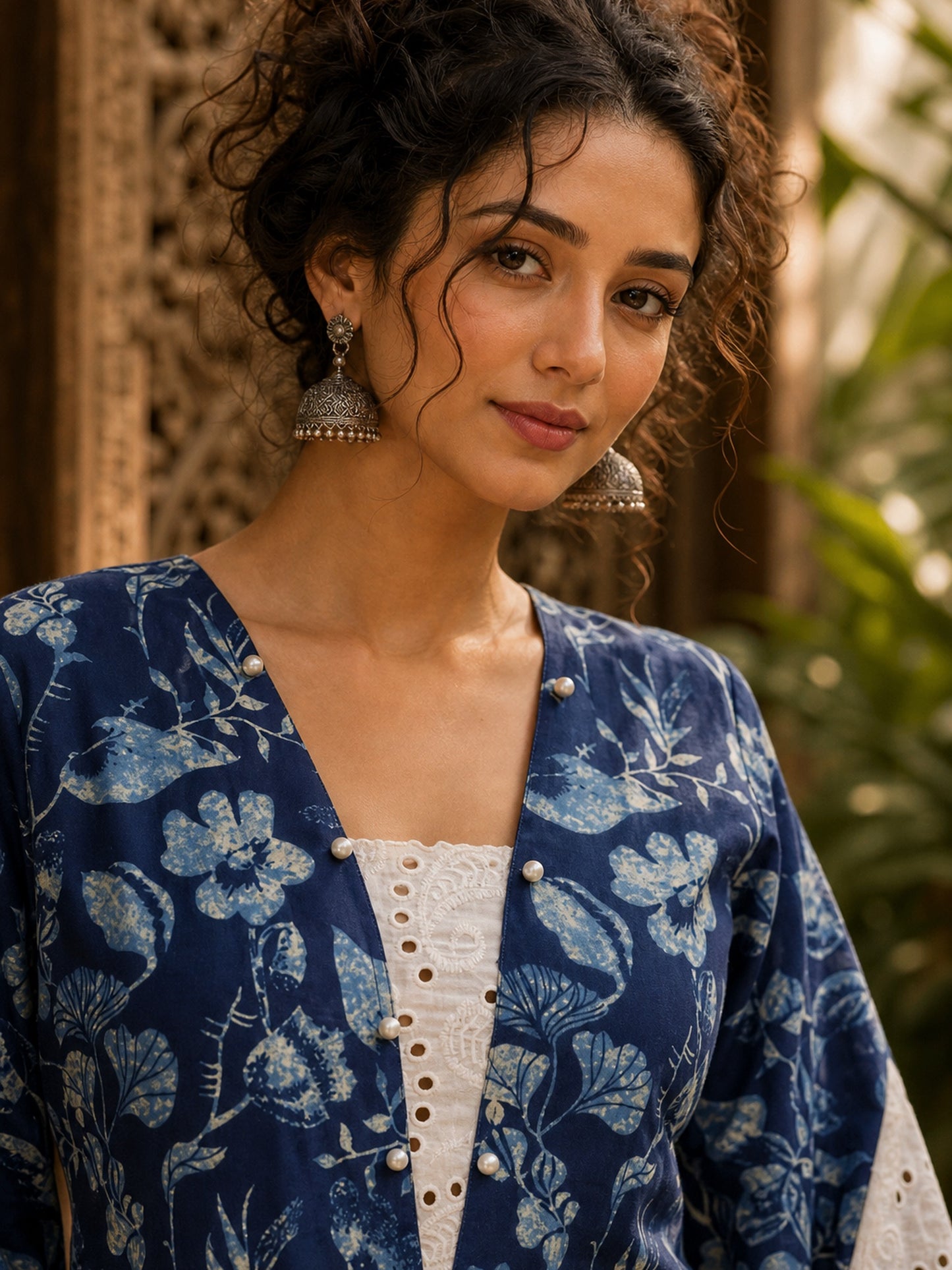 Bold Navy Blue Floral Print Kurta with Ivory Hakoba Cuffs & Pearl Embellished Placket