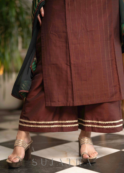 Stylish Brown Cotton Silk Kurta With Pin tucks In Front & Emerald Green Detailing