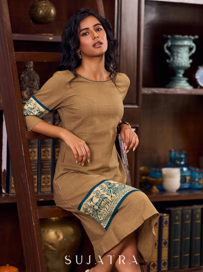 Elegant Beige Cotton A-Line Dress Adorned with Madhubani Border Detailing on Hem and Cuffs