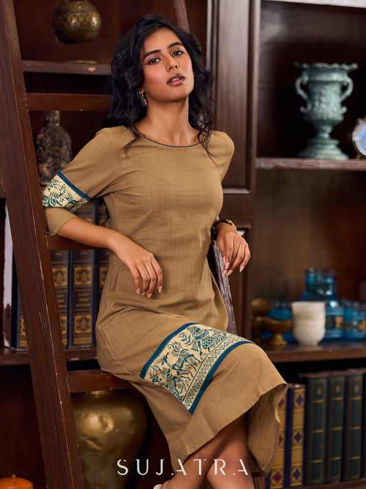 Elegant Beige Cotton A-Line Dress Adorned with Madhubani Border Detailing on Hem and Cuffs