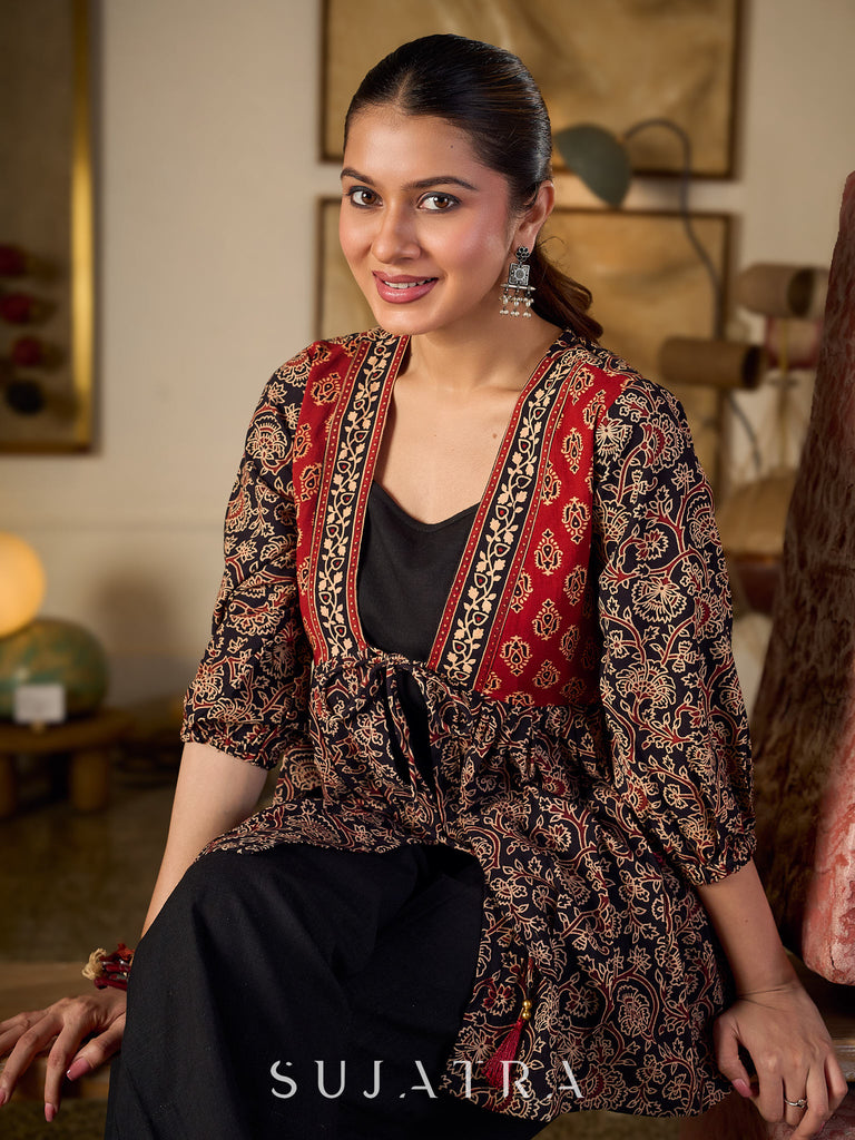 Graceful Ajrakh Printed Tie-Front Gathered Top With Elegant V Neckline And Softly Gathered Sleeves