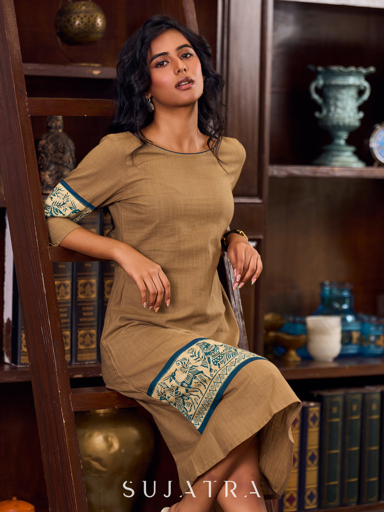 Elegant Earthy Brown Cotton A-line Dress with Exquisite Madhubani Border Highlights - Jacket Optional